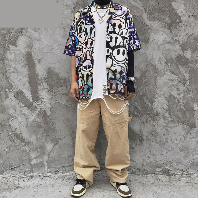 Rainbowtouches Shirt Man Hip Hop High Street Graffiti Smile Face Printing Casual Short Sleeve Tops Couples Fashion