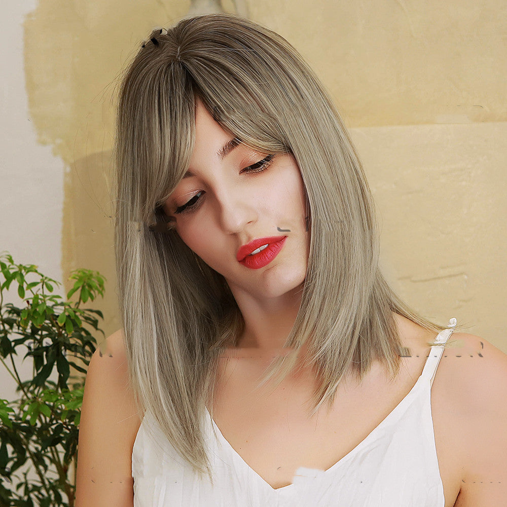 Wig, Eight-character Bangs, Gradient Golden High-grade Gray Medium Straight Hair