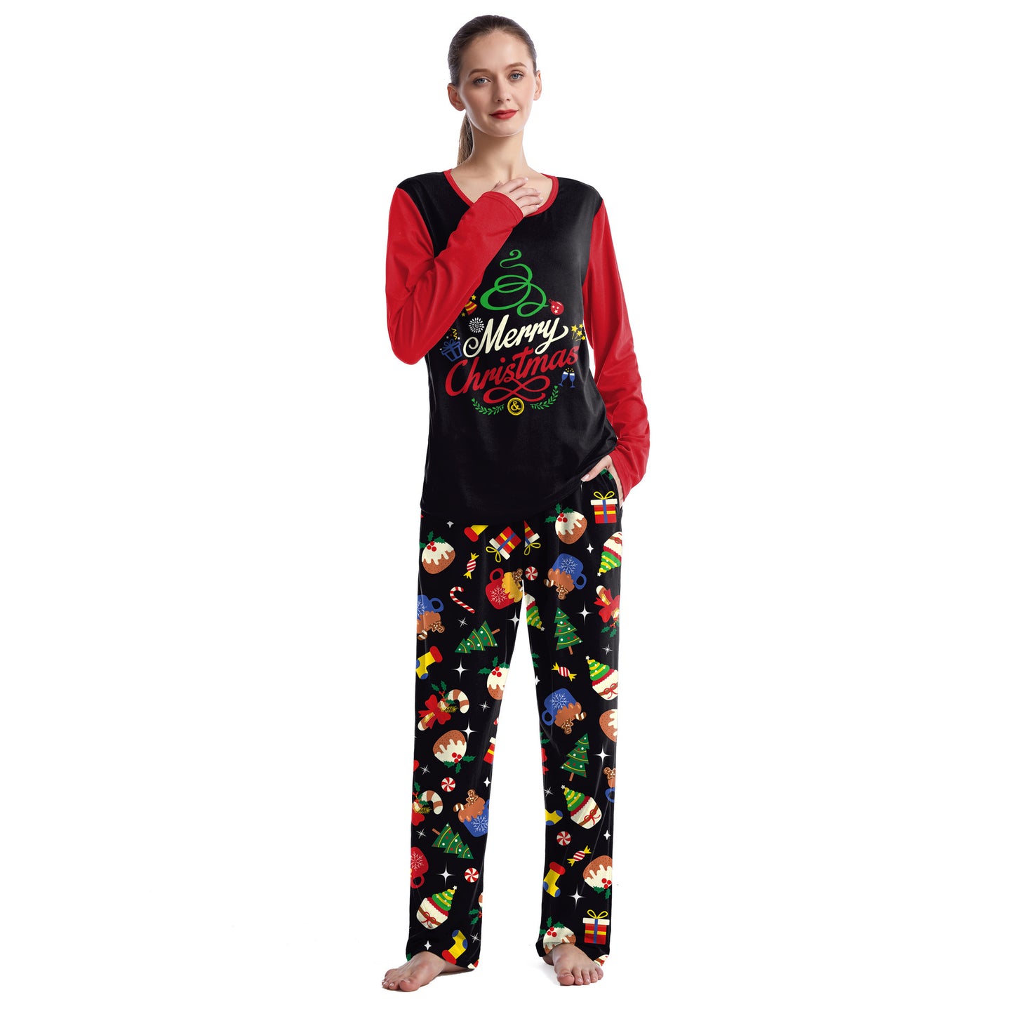 Christmas Home Clothes Digital Couple Pajamas Long Sleeve Round Neck Sweatpants Suit