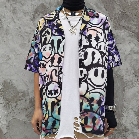 Rainbowtouches Shirt Man Hip Hop High Street Graffiti Smile Face Printing Casual Short Sleeve Tops Couples Fashion