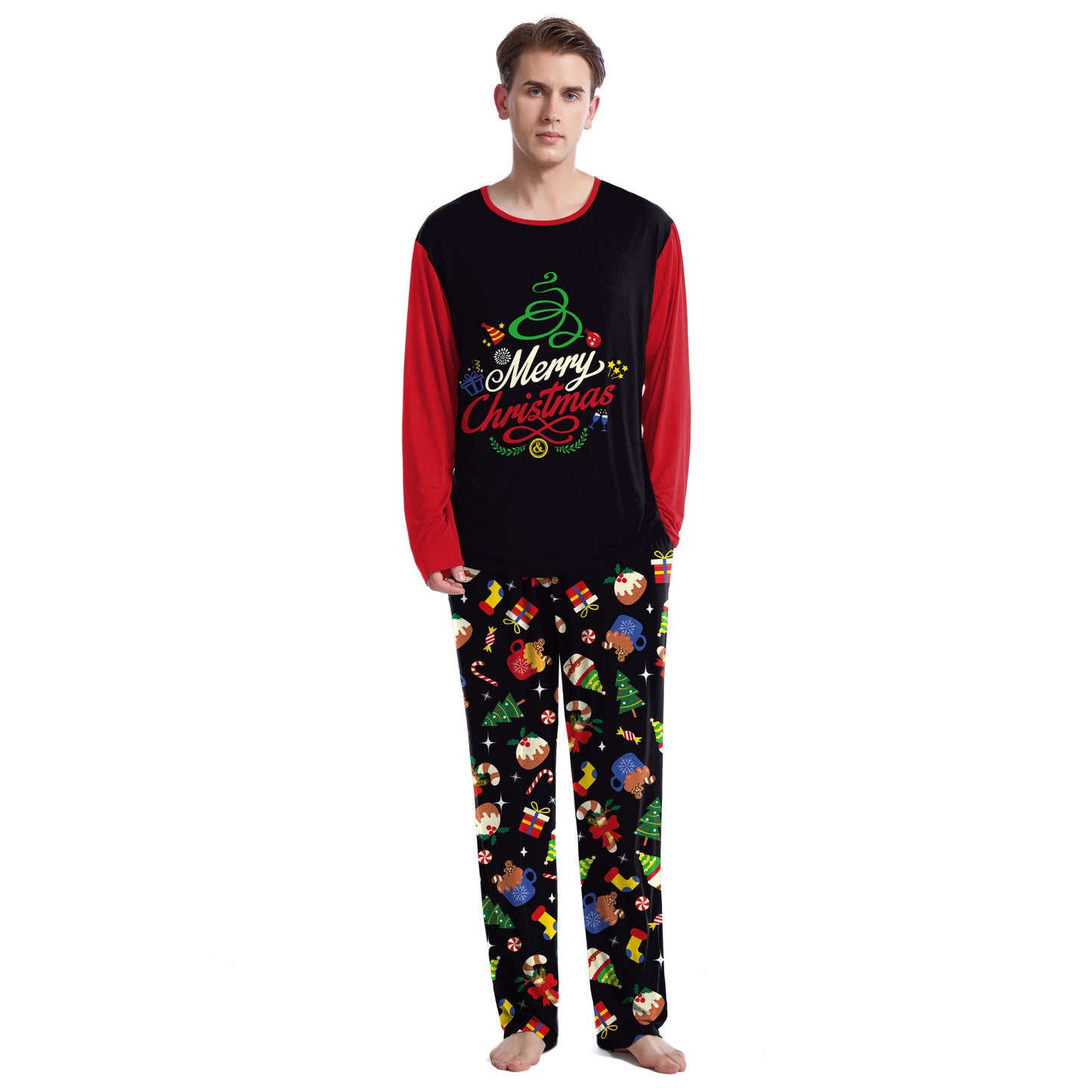 Christmas Home Clothes Digital Couple Pajamas Long Sleeve Round Neck Sweatpants Suit