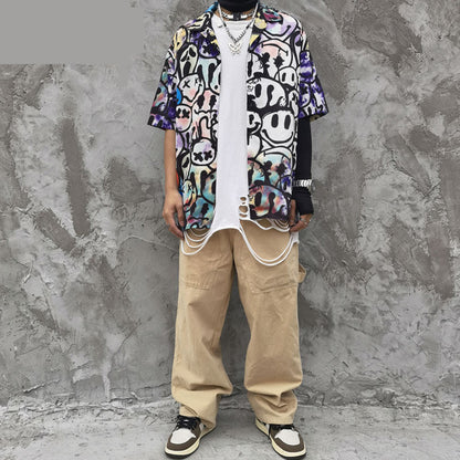 Rainbowtouches Shirt Man Hip Hop High Street Graffiti Smile Face Printing Casual Short Sleeve Tops Couples Fashion