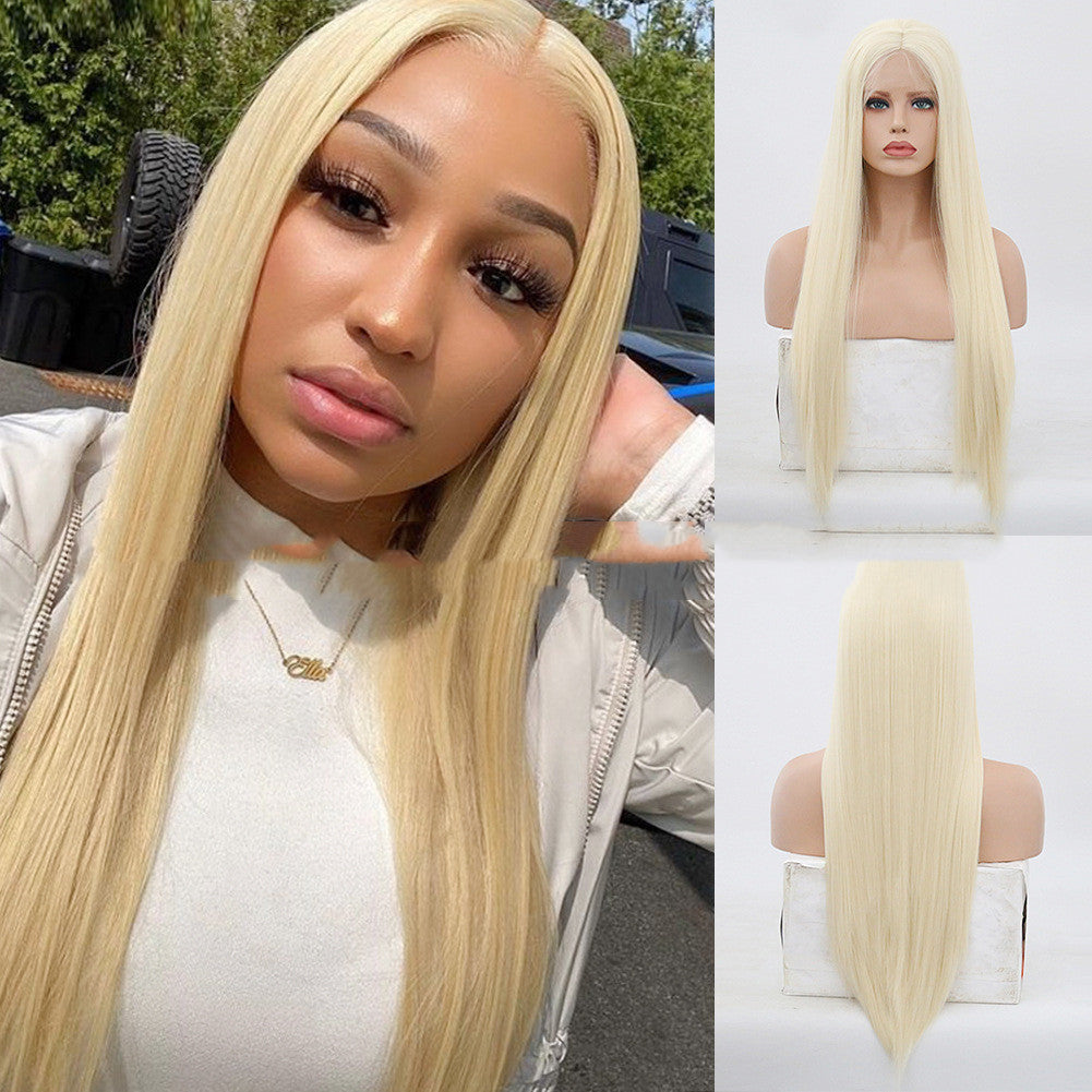 Women's Gold Front Lace Hand Hook Wig Long Straight Hair Cover