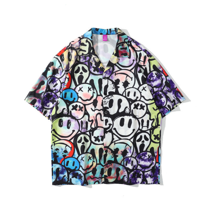 Rainbowtouches Shirt Man Hip Hop High Street Graffiti Smile Face Printing Casual Short Sleeve Tops Couples Fashion