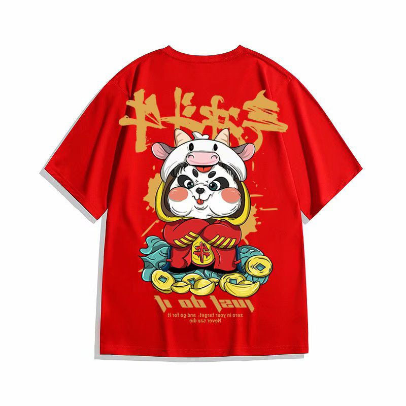 Red Shortsleeved Tshirt Men's Ins Plus Size Couple Wear Cotton Loose Half Top