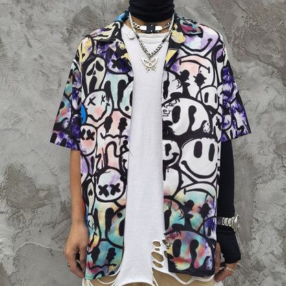 Rainbowtouches Shirt Man Hip Hop High Street Graffiti Smile Face Printing Casual Short Sleeve Tops Couples Fashion