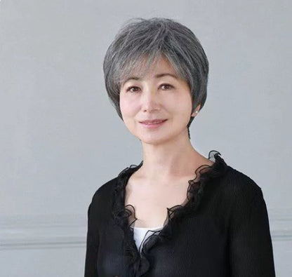 Women's Flower White Short Straight Top Old Flower White Mixed Human Hair Wigs